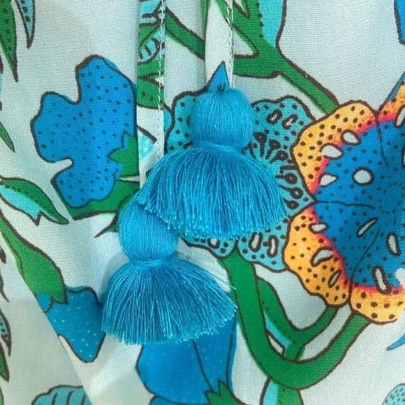 Figue Gianna drawstring ruffle top blouse self tie tassel floral turquoise sz xs - Picture 10 of 14